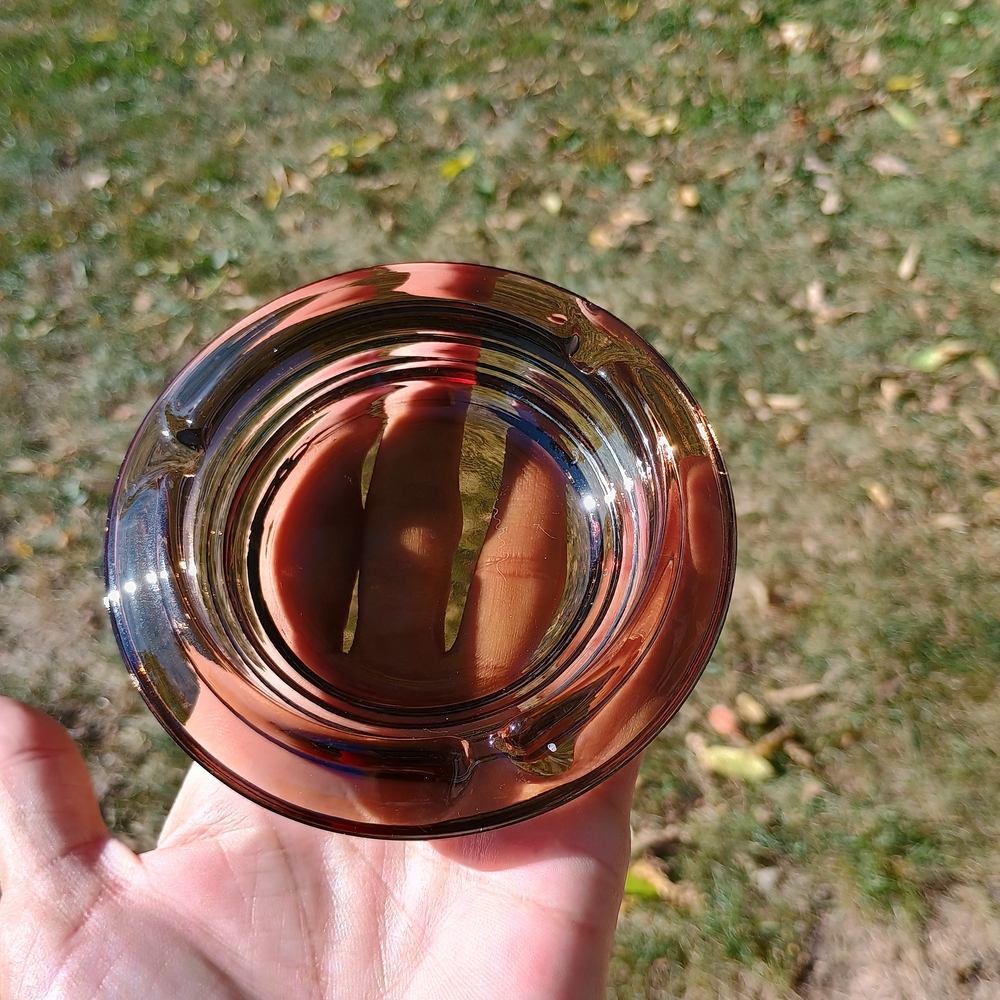 Vintage MCM deco style smoky brown glass ashtray w 3 slots, vintage ash ware